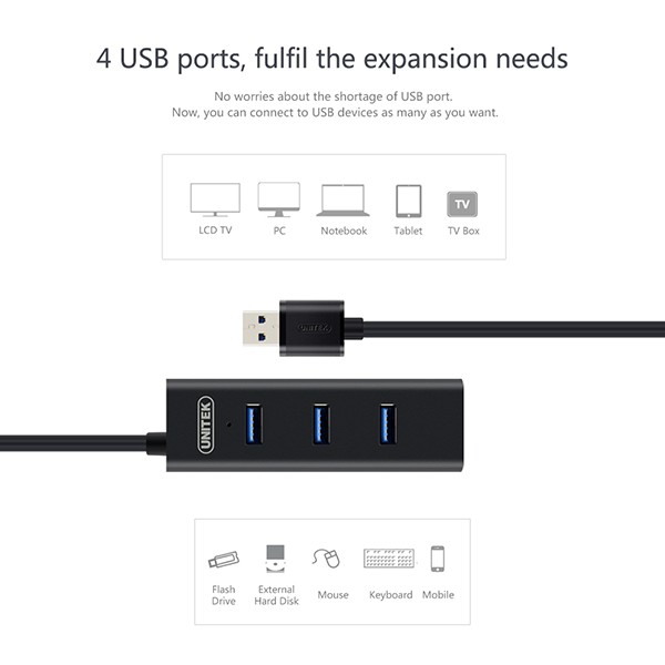 Bộ chia 4 cổng USB 3.0 Unitek Y-3089 có hỗ trợ nguồn phụ