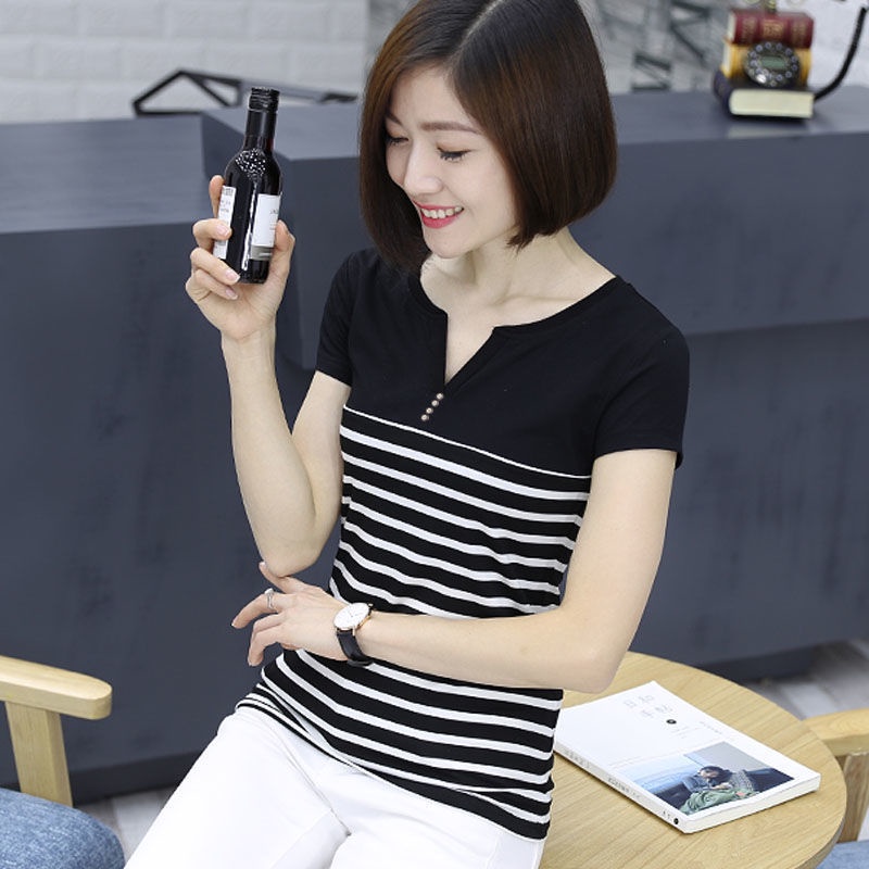 Áo Thun Cotton Tay Ngắn Dáng Suông Kẻ Sọc Ngang Thời Trang Mùa Hè Hàng Mới 2022 Dễ Phối Đồ Dành Cho Mẹ