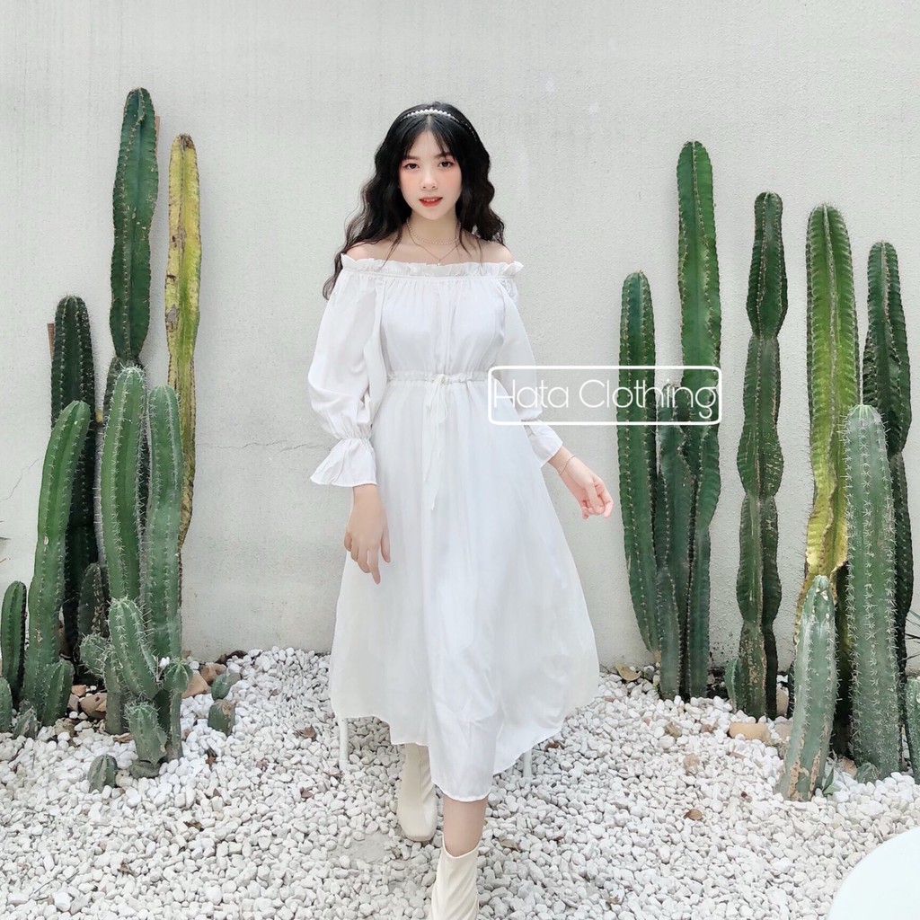 Đầm trắng bẹt vai tay dài xinh | BigBuy360 - bigbuy360.vn