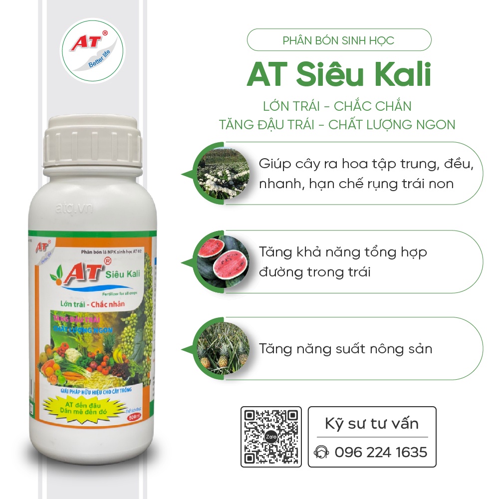 Phân bón hữu cơ sinh học tạo ngọt, kích đậu trái, chắc nhân, đâm hoa nhanh, chống rụng trái non - Siêu Kali AT 500ml