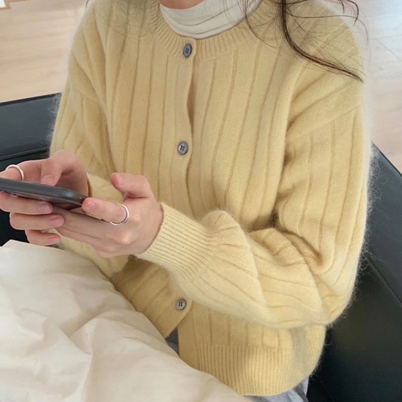 Áo khoác cardigan dệt kim cổ tròn tay phồng dáng rộng họa tiết kẻ sọc thoải mái dành cho nữ