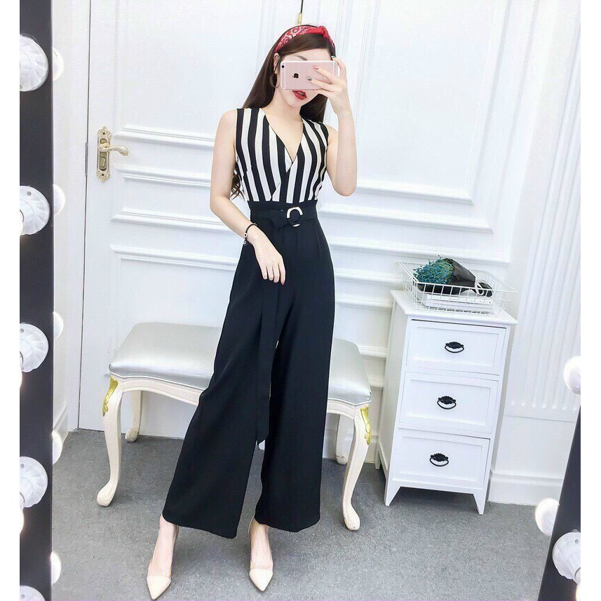 JUMPSUIT QUẦN ĐEN DÀI PHỐI SỌC ÁO CỔ V - 20Xcloset