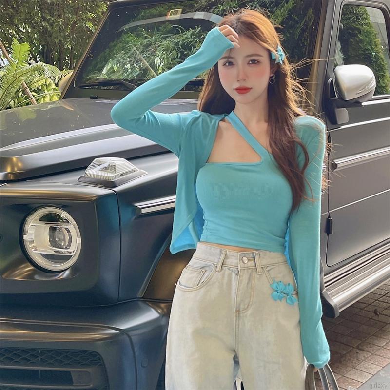 Bộ áo cardigan dài tay và crop top ngắn màu đơn giản dáng mỏng Hàn Quốc cho nữ