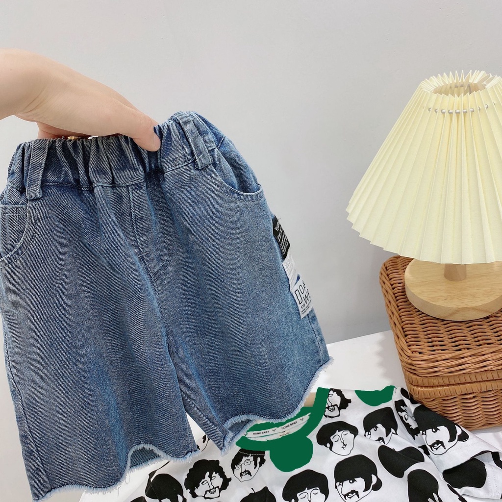 QB216- Quần short jean bé trai tua gấu tem vải sz 90-140, quần đùi cho bé thời trang