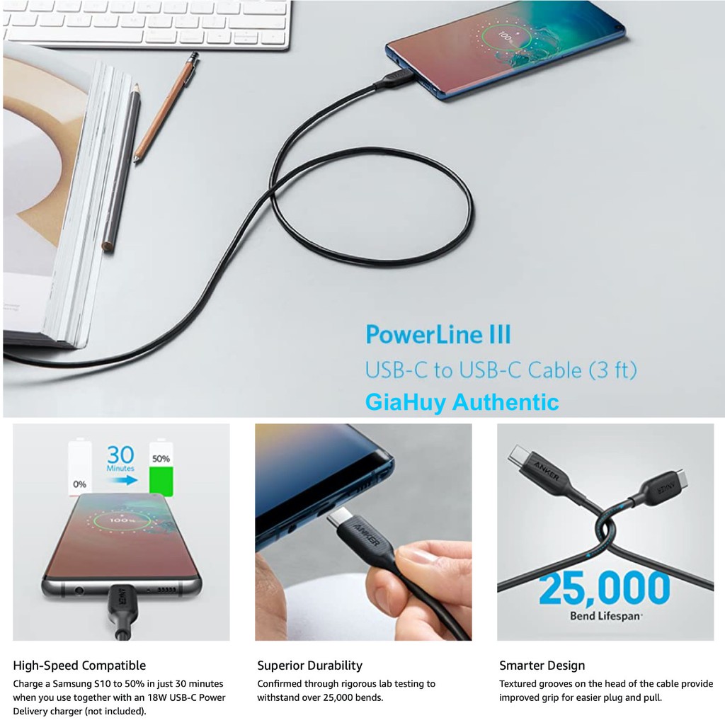 Cáp sạc MacBook Pro 2020, iPad Pro 2020, Switch, Galaxy S10 ANKER Powerline III USB-C to USB-C PD 60W A8852 dài 0.9m