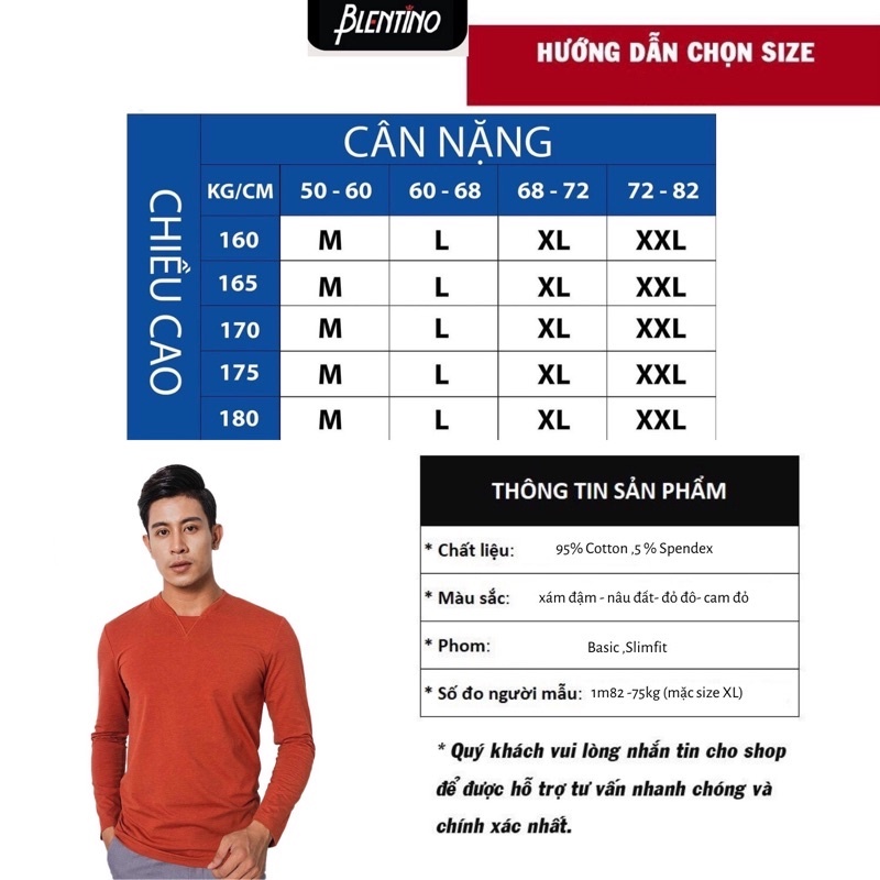 Áo thun nam BLENTINO tay dài thu đông cổ tim tay dài BTSTD-05 chất liệu cotton cao cấp siêu thấm hút