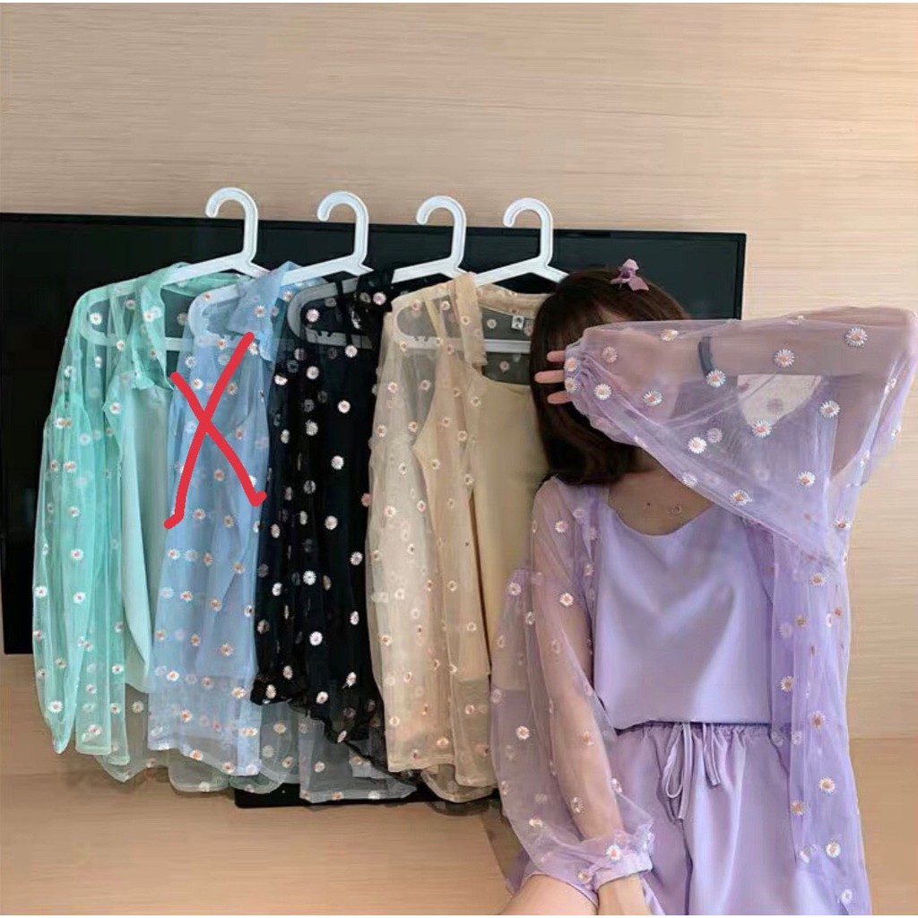 Áo sơ mi khoác ngoài form rộng chất lưới in bông cúc xinh xắn