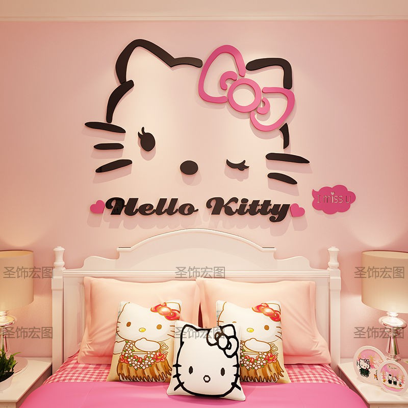 ♀◐Giấy dán tường hình mèo Hello Kitty 3d dễ thương trang trí phòng bé gái