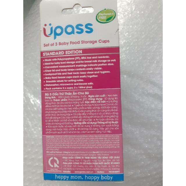 (Made in Thailand) Bộ 3 cốc trữ sữa và thức ăn 180ml Upass UP0327N