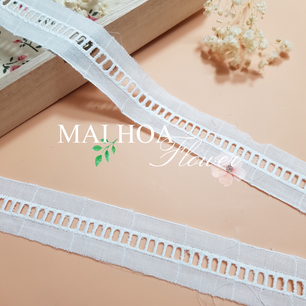 [Size 1cm] Dây ren viền trang trí quần áo chất vải thô boi trắng họa tiết bậc thang dài 13 mét rộng 1cm Maihoafabricr