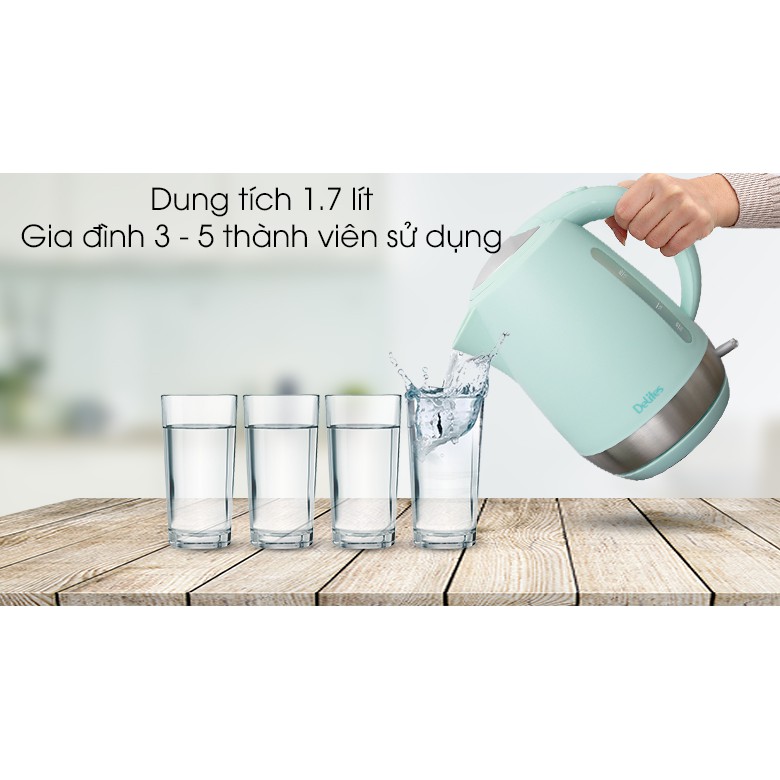 Bình siêu tốc Delites 1.7 lít ST17P03 Xanh - trưng bày , Mâm nhiệt bằng inox bền bỉ, an toàn, dễ làm sạch khi bám