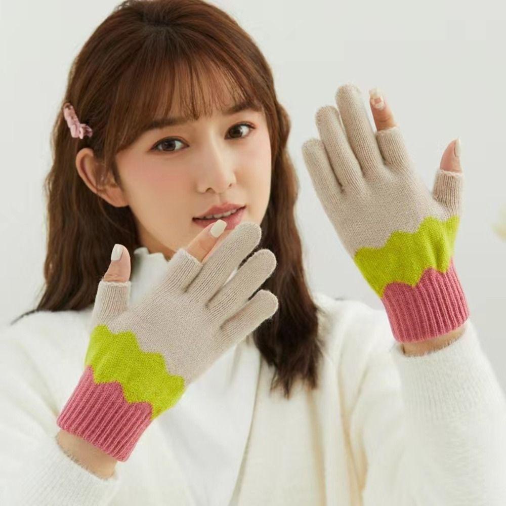 Găng Tay Chống Gió Giữ Ấm Hai Ngón Họa Tiết Gợn Sóng Dành Cho Nữ Sinh
