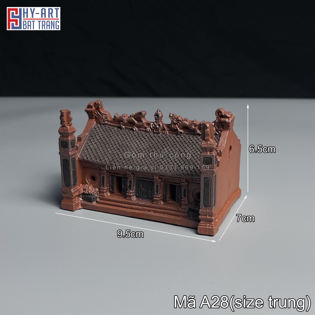 Mô hình gốm Đình làng men đỏ đô phụ kiện trang trí tiểu cảnh