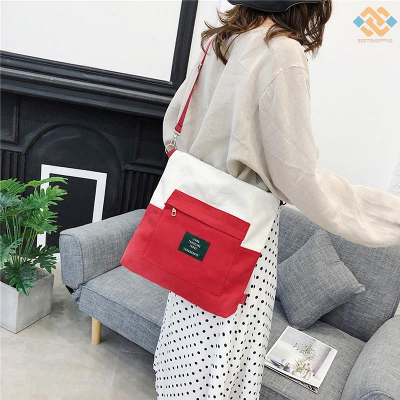 [BEST]Women Handbag Canvas Color Block LIVING TRAVELING SHARE Letters Zipper Large Capacity Multifunction Shoulder Bag