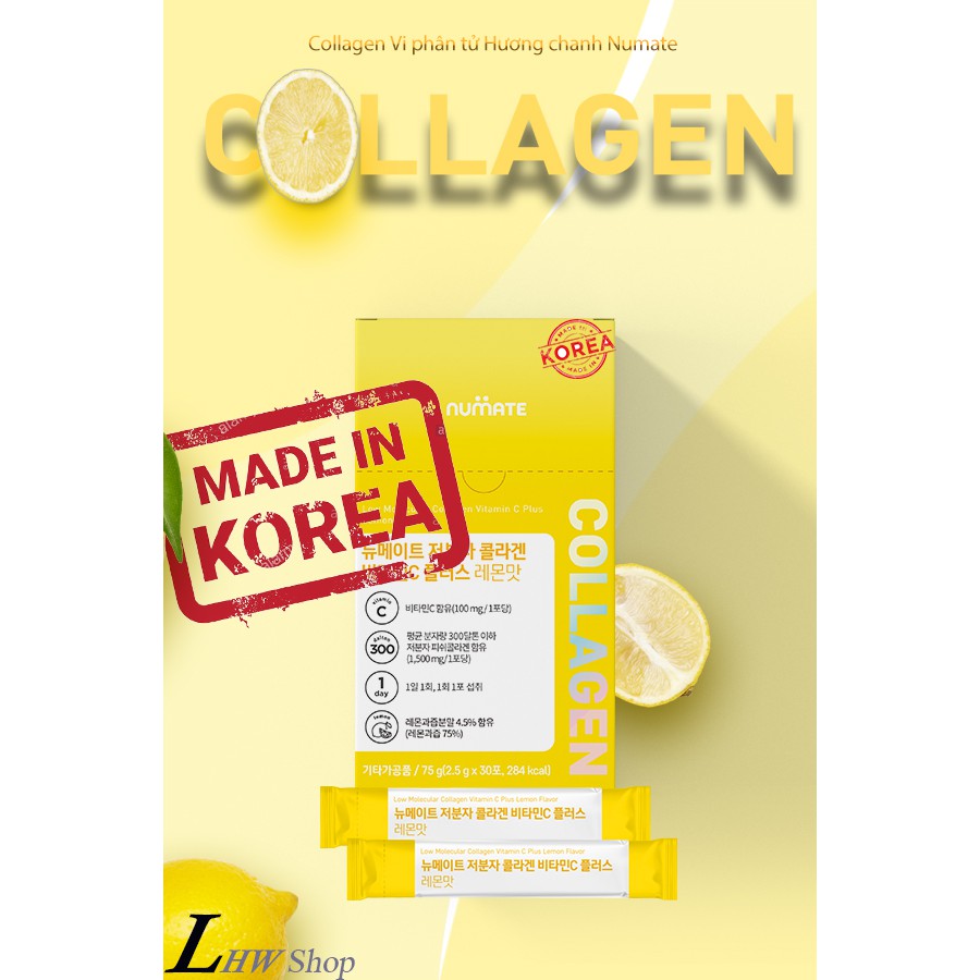 Collagen HÀN QUỐC CHÍNH HÃNG 1500mg x 30 gói (Powder - Bột) Vitamin C hương chanh (lemon) - Hiệu Numate Hộp 30 gói