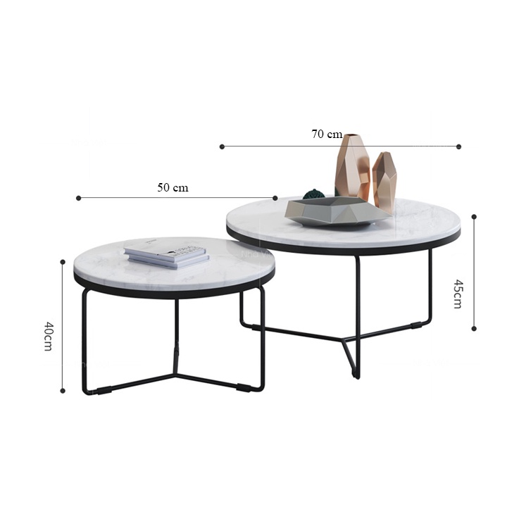 Bàn trà đôi tròn phòng khách mặt đá cẩm thạch, bàn uống nước bắc âu hiện đại