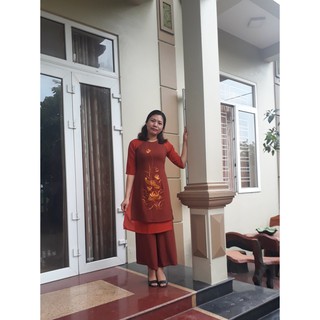 Bộ cách tân đi chùa lụa tằm màu nâu phối cam 2 tà
