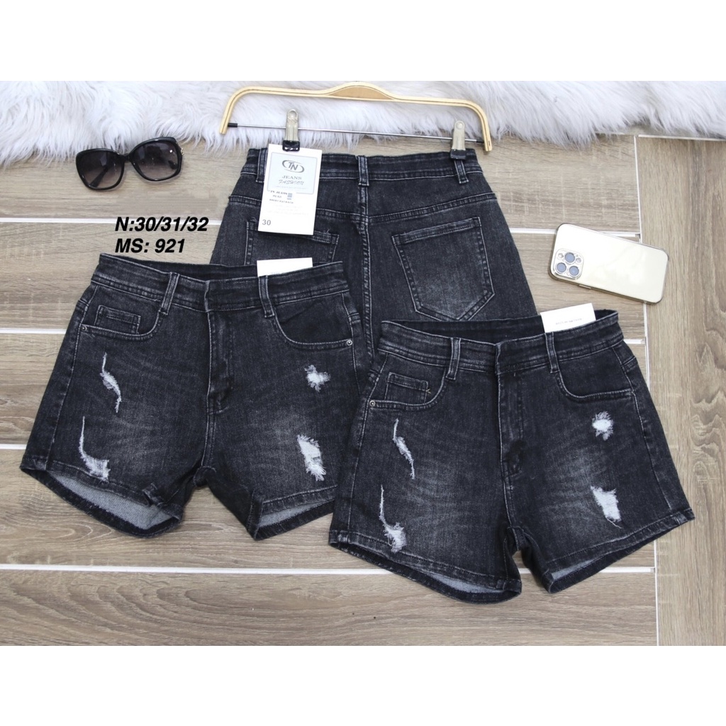 Quần Sọt Jean Nữ Kiểu Rách Hàng Co Giãn Màu Xám Ảnh Chụp Thật