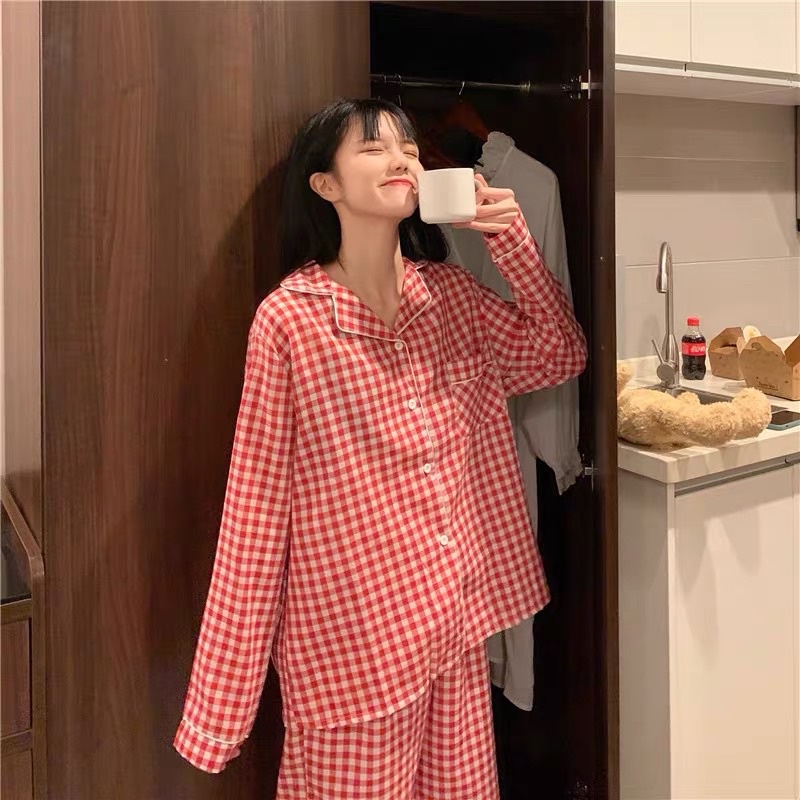 [CÓ SẴN] Đồ ngủ pijama dài tay quần dài kẻ caro hè thu đông Hàn Quốc ullzang dễ thương