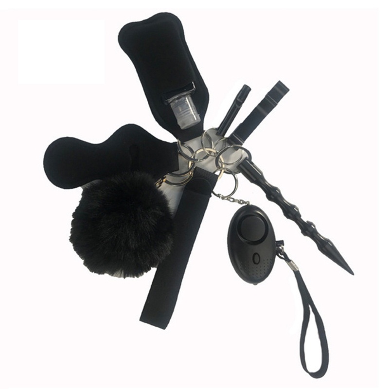 Set móc khóa kèm báo động đính bóng lông gắn chai đựng nước rửa tay/ son dưỡng môi + dụng cụ mở nắp chai an toàn cho nữ