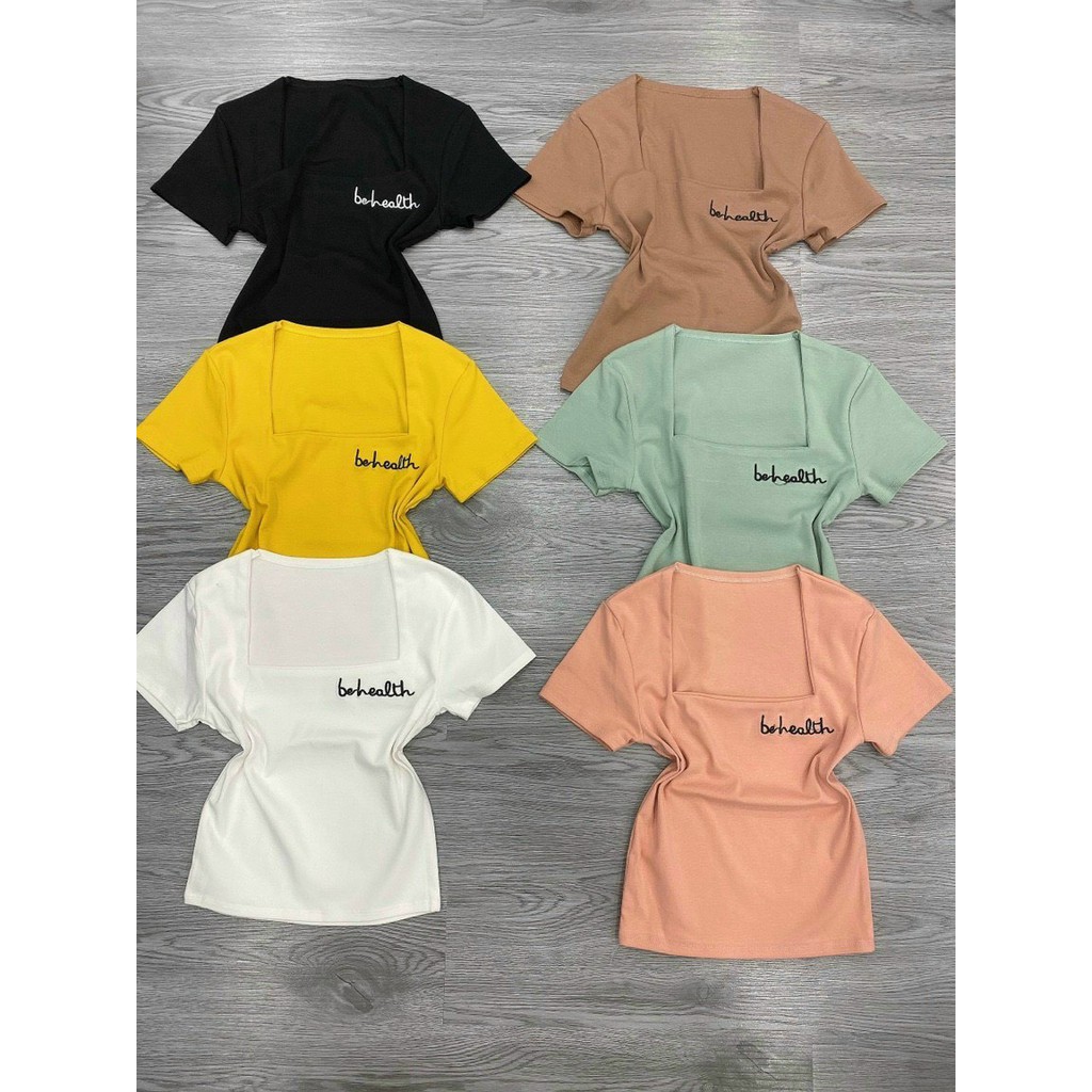 áo kiểu cổ vuông tay ngắn thêu chữ