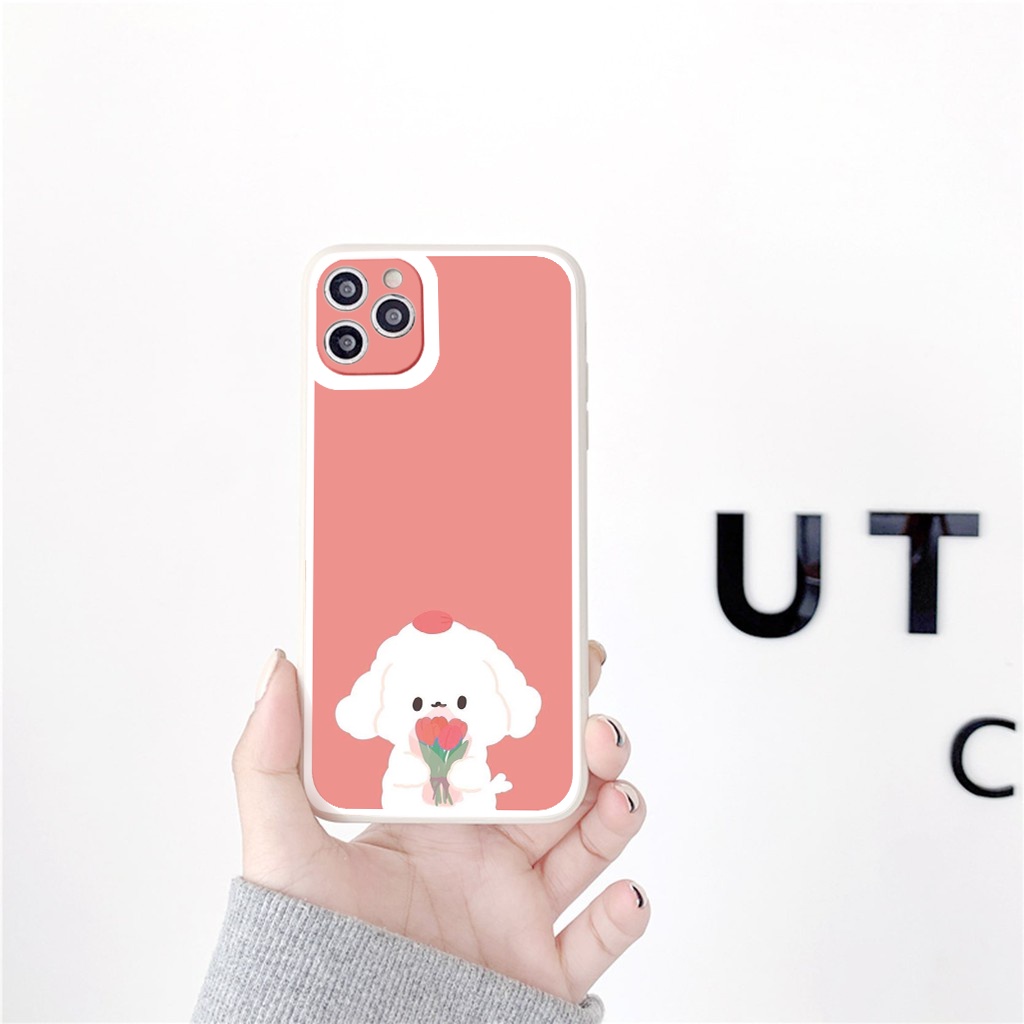 Ốp iphone - Ốp lưng iphone cạnh vuông viền camera Cún cầm hoa dành cho ip 6 đến 14promax - ng171