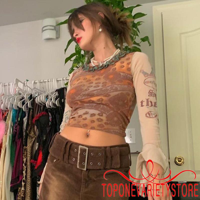 Áo Crop Top Lưới Xuyên Thấu Dài Tay Quyến Rũ Cho Nữ