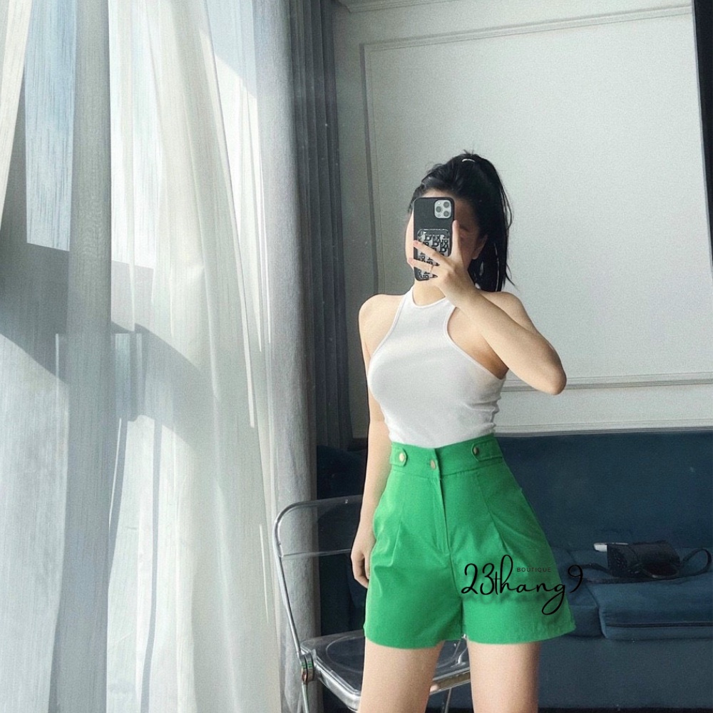 Quần short nữ ống rộng lưng cao cúc đồng quần đùi nữ cạp cao chất thô mềm màu đen màu be đi chơi đi du lịch 23thang9