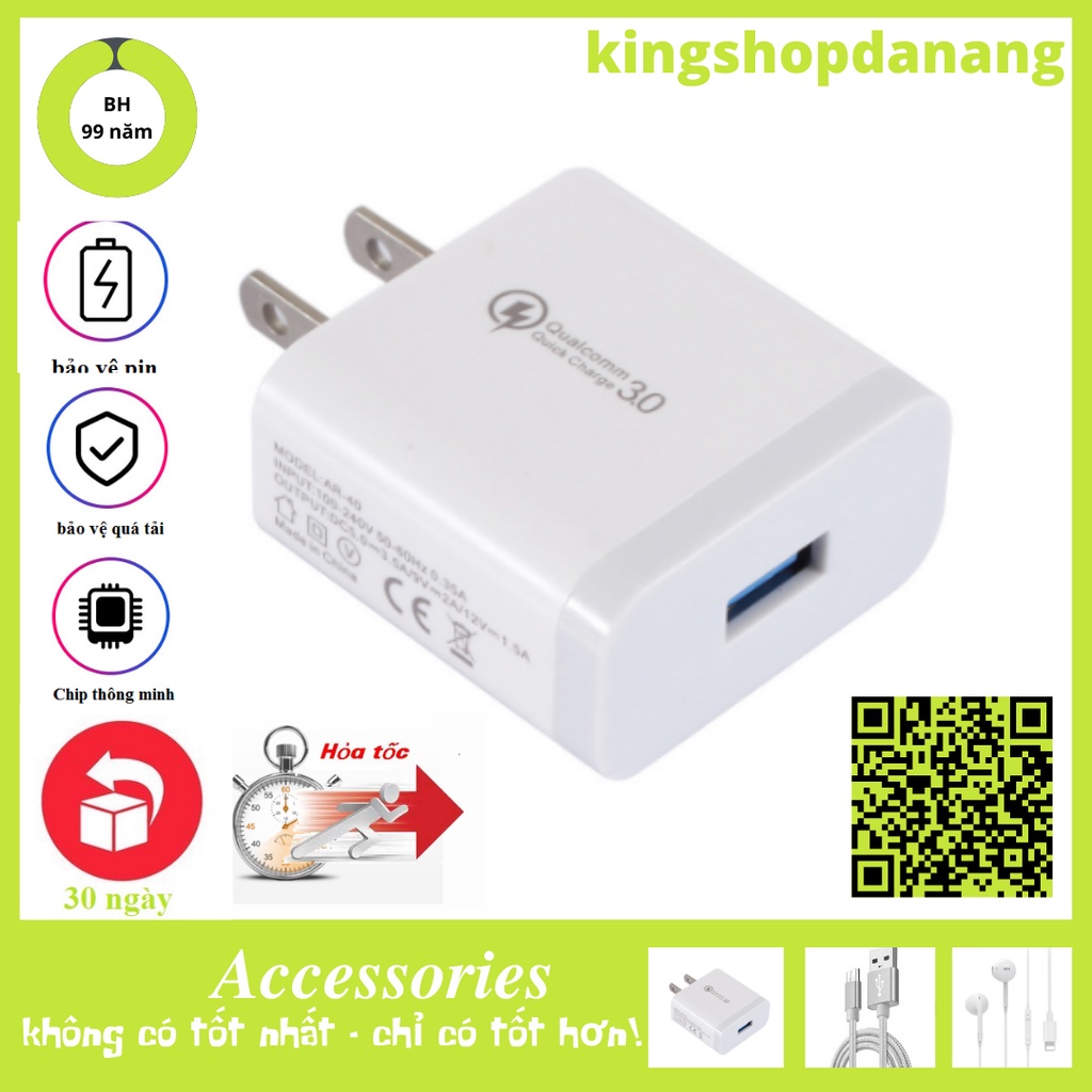 Bộ Sạc Nhanh QC 18W USB To Lightning, Micro, Sạc IP 6 7 7+ 8,X,11,12,13 (Củ Sạc Nhanh QC + Cáp Sạc Nhanh QC