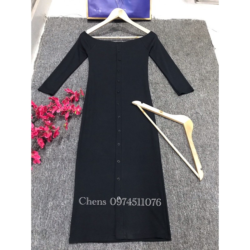 Váy Đầm Body Trễ Vai Len Tăm Tay Dài Phối Cúc - Đầm trễ vai - váy bẹt vai - hàng thiết kế