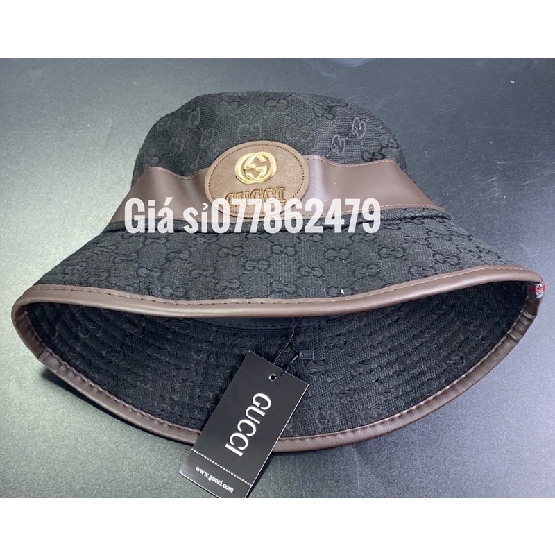 mũ vành Gu xì nữ - Nón bucket đai nâu logo sắt G (G) thêu chữ nhỏ sành điệu thời trang nữ