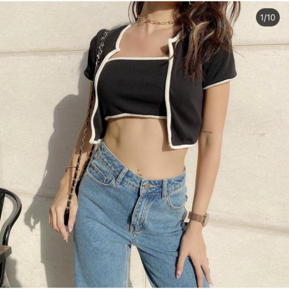[[MM] Set áo ống kèm áo khoát viền ĐEN TRẮNG, set áo croptop kèm áo khác thun co giãn | BigBuy360 - bigbuy360.vn
