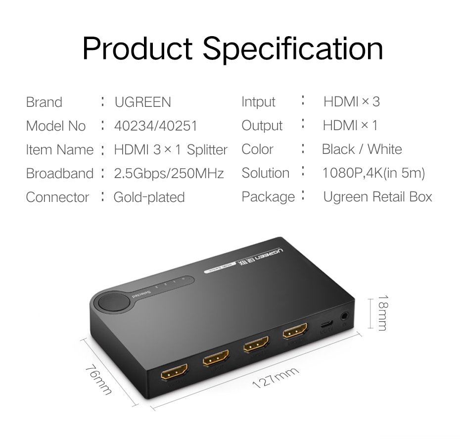 Ugreen Bộ Chia Cổng HDMI 4K 3 Cổng 3 Trong 1 HD 3D Cho Xbox 360 PS4 PS3 Kèm Công Tắc Điều Khiển HDMI