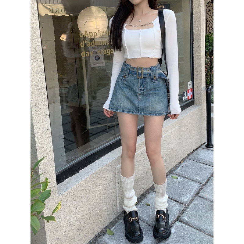 Chân Váy Denim, Chân Váy Jean Ngắn Lưng Cao Có Đai Style Cổ Điển 𝘽𝙮.𝘾𝙖𝙢𝙘𝙖𝙢