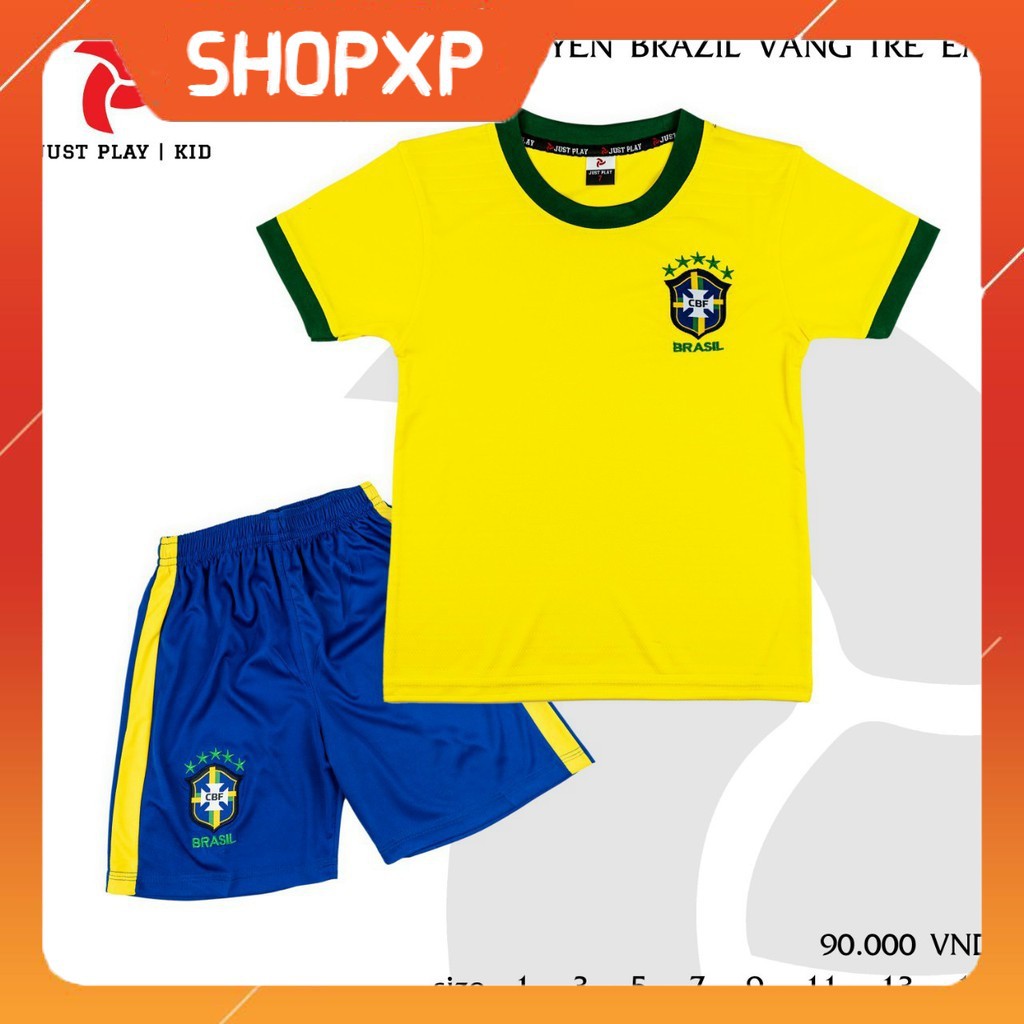 Áo bóng đá trẻ em ĐT Brazil Vàng 10-45Kg Vải thun lạnh cao cấp