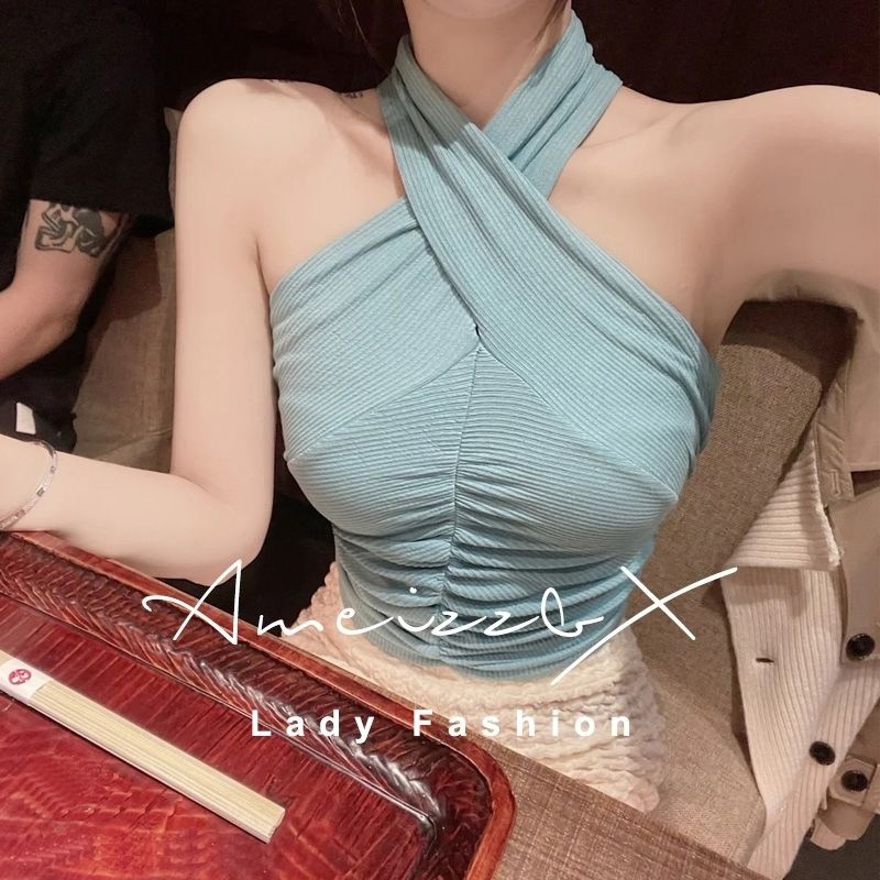 Jiashucheng Áo Hai Dây Ngắn Mỏng Mùa Hè Xóa Nếp Nhăn Cổ Chéo Thời Trang Cho Nữ