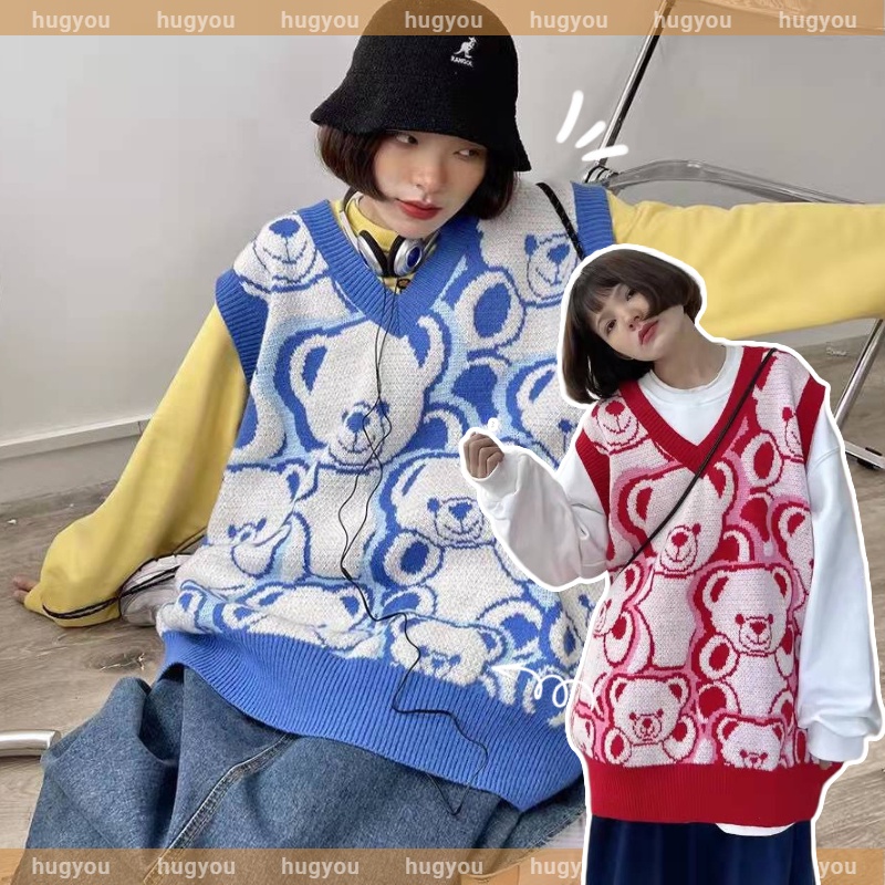 Áo dệt kim sát nách dáng rộng in hình gấu kiểu Hàn Quốc xinh xắn cho nữ