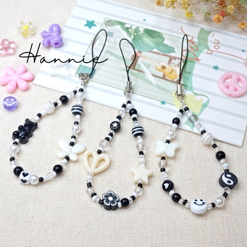 Set móc khóa màu đen mix - Phụ kiện dây treo túi xách balo chìa khóa điện thoại handmade