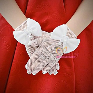 Găng tay phù dâu bé gái dạng ren lưới đính nơ