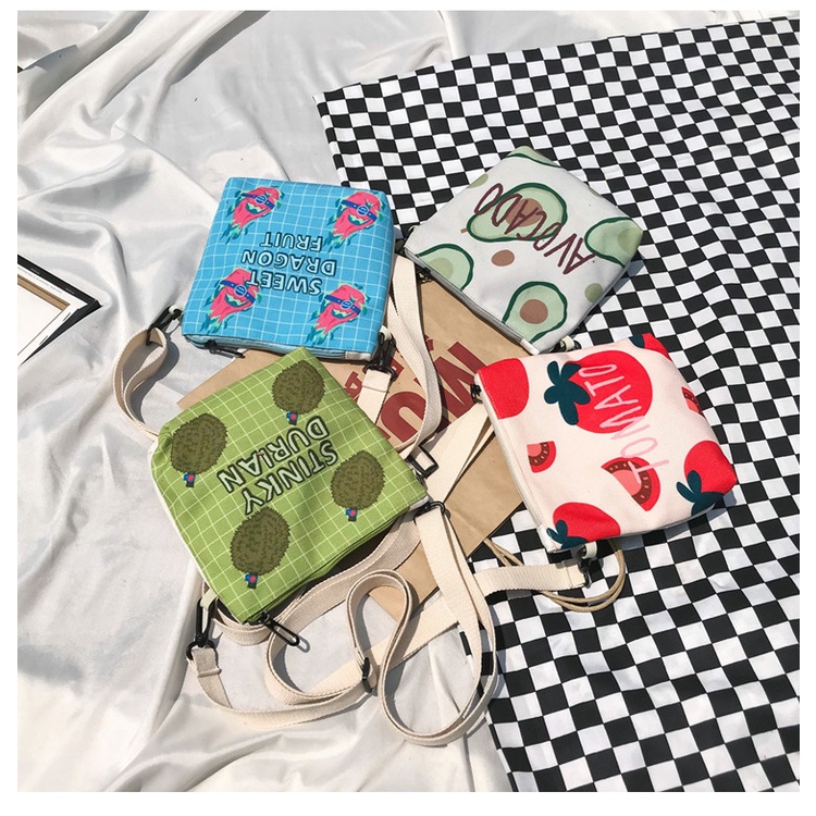Túi Đeo Vai Vải Canvas Cỡ Nhỏ In Họa Tiết Quả Bơ Hoạt Hình Phong Cách Nhật Bản Độc Đáo