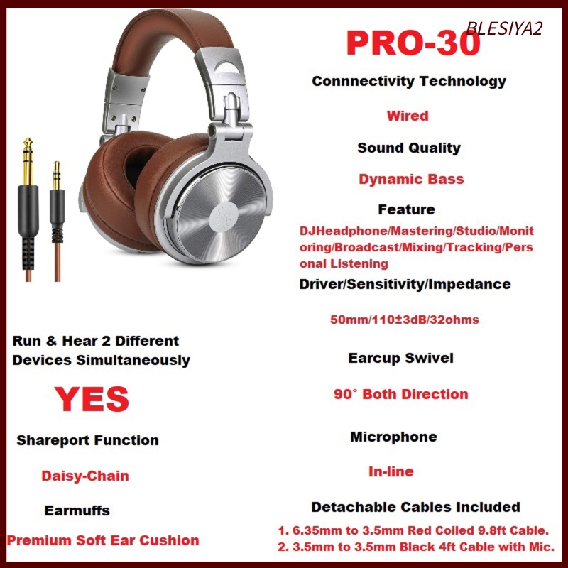 [BLESIYA2] Pro-30 Over Ear Headphones Studio Monitor Mixing DJ Stereo Headsets w/Mic
