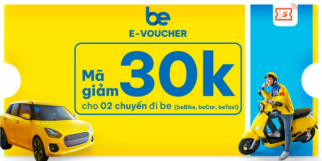 [E-voucher] Mã ưu đãi 30k x2 chuyến beBike, beCar và beTaxi trên ứng dụng Be
