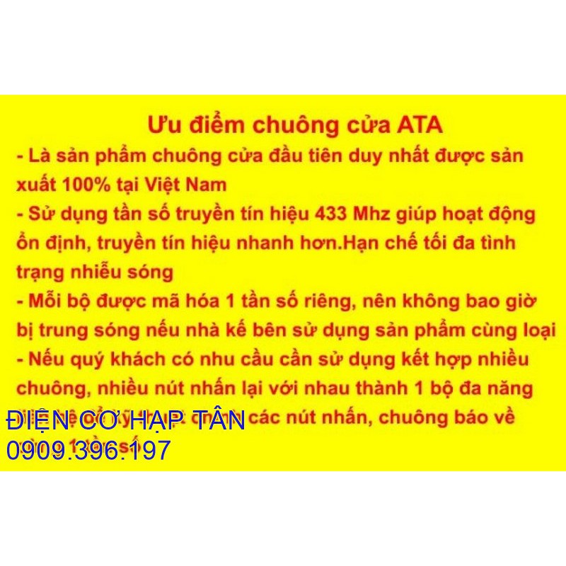 CHUÔNG CỬA KHÔNG DÂY -CAO CẤP - CHỐNG NƯỚC, XUYÊN VẬT CẢN 40-50M- CHÍNH HÃNG ATA