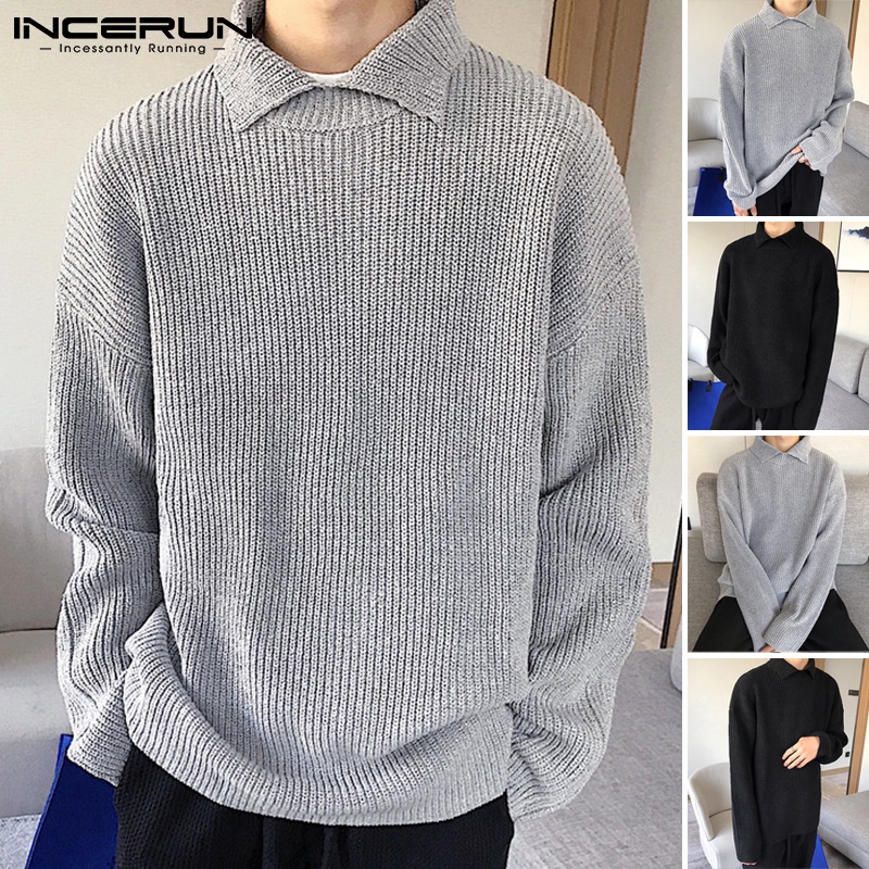 Áo Sweater INCERUN dệt kim cổ bẻ tay dài màu trơn cho nam