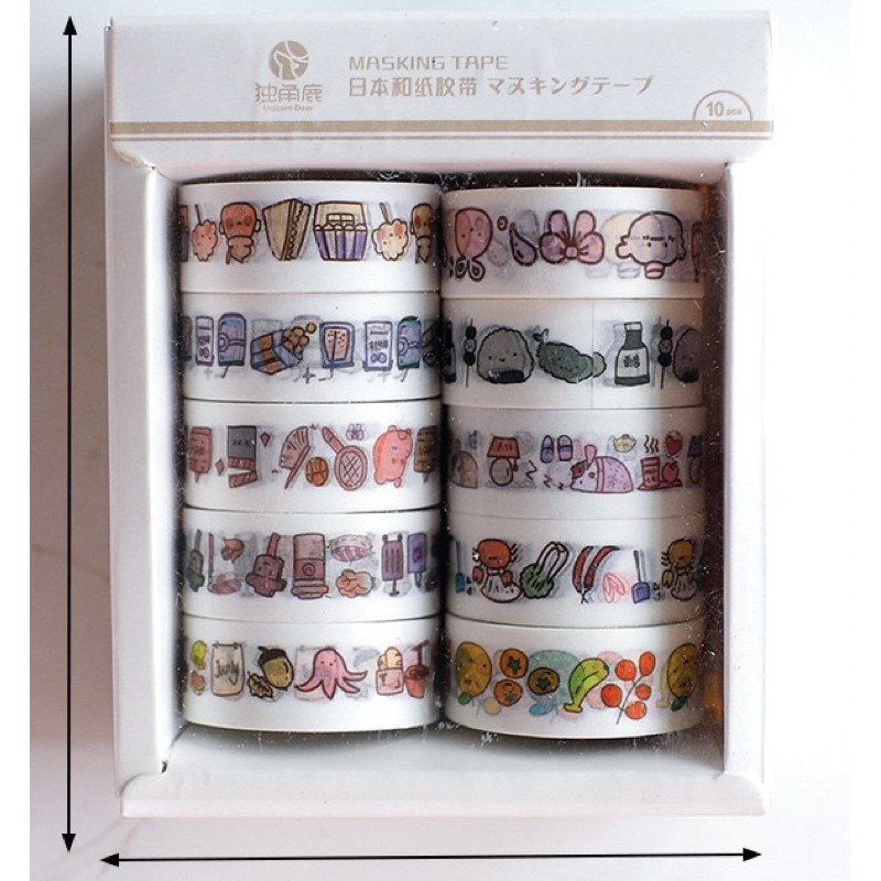 Hộp 10 Cuộn Washi Tape in Hình Hoạ Tiết Dễ Thương - Set 10 Cuộn Băng Dính Washi