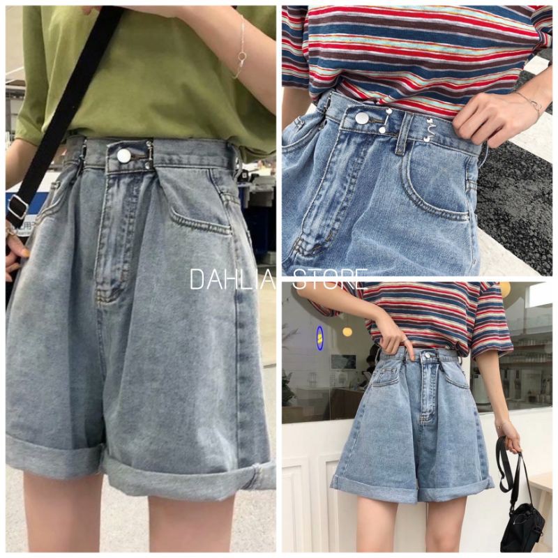 Quần đùi jeans nữ - Short bò ngố cài khuy eo kiểu dáng Ullzzang