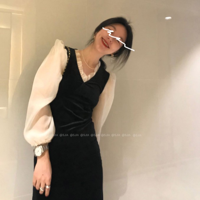 Đầm nhung cổ chữ V phong cách Hàn Quốc đáng yêu cho nữ | BigBuy360 - bigbuy360.vn