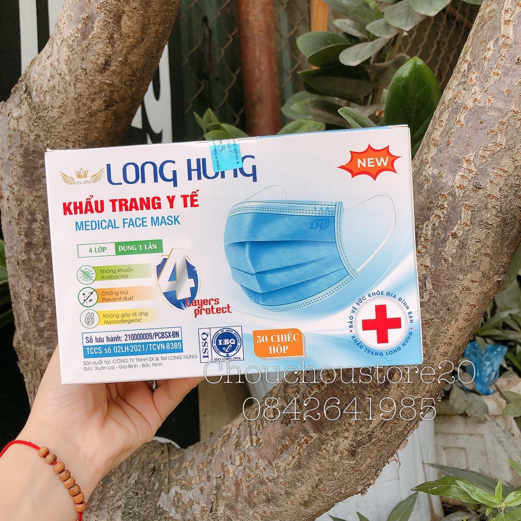 [HÀNG CÓ SẴN] Hộp 50 Chiếc Khẩu Trang Y Tế Người Lớn 4 Lớp LONG HƯNG Mask 3 Màu Xám / Xanh / Trắng