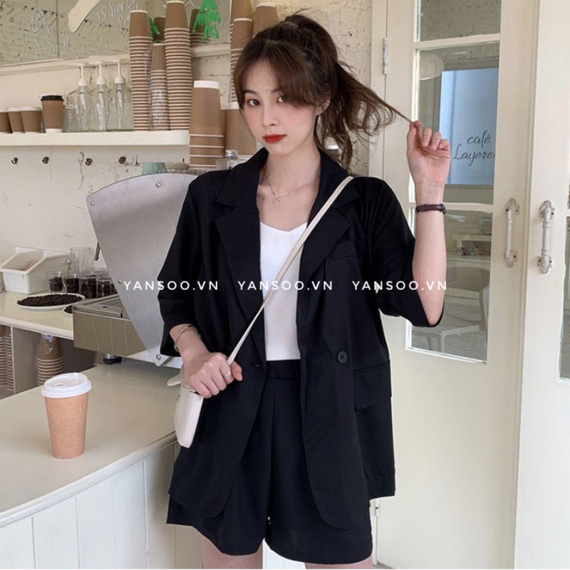 Sét vest nữ 3 món , Áo blazer tay lỡ mic quần sóc có tặng kèm áo hai dây YANSOO