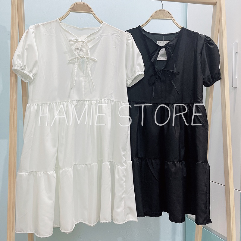 Váy babydoll nữ dáng ngắn xòe tầng tay bồng cổ nơ HV144, váy bánh bèo tiểu thư kiểu dáng hàn quốc | BigBuy360 - bigbuy360.vn